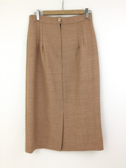 Vintage tailored straight midi pencil skirt in thick linen flax fabric in a neutral camel colour