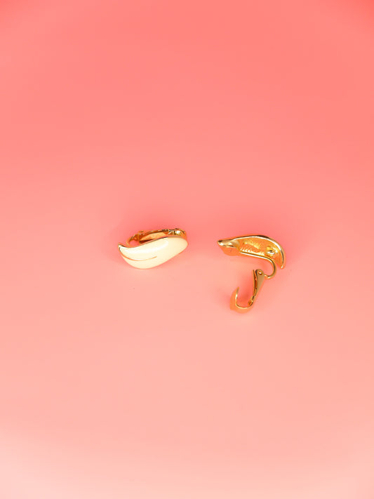 Vintage cream leaf shaped enamel clip on earrings with gold detail
