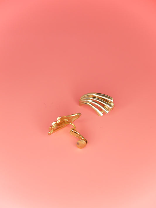 Vintage 80's Art Deco style gold tone fan clip on earrings