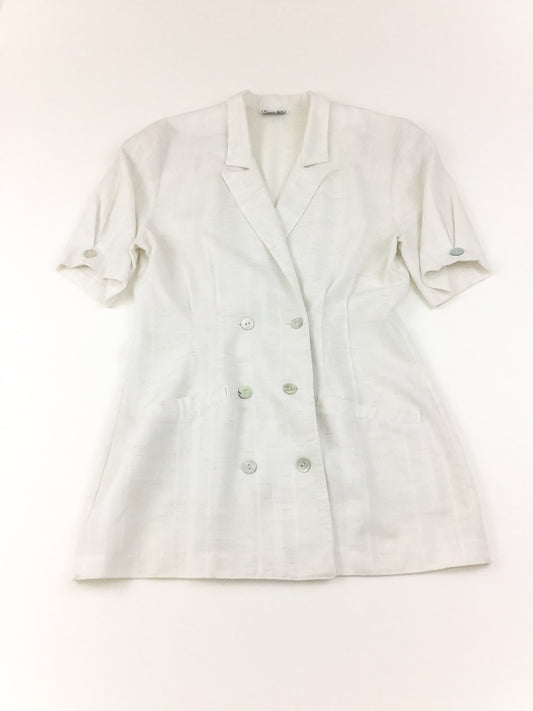 Vintage 80's women's short sleeve double breasted lightweight blazer jacket in cream with mother of pearl buttons and pockets