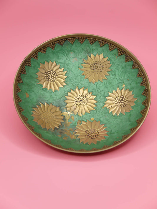 Vintage decor brass pedestal bowl with green etched sunflowers