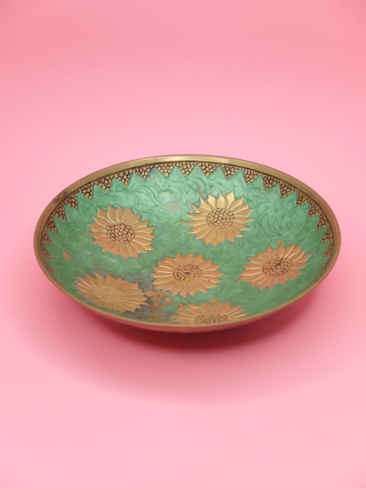 Vintage decor brass pedestal bowl with green etched sunflowers