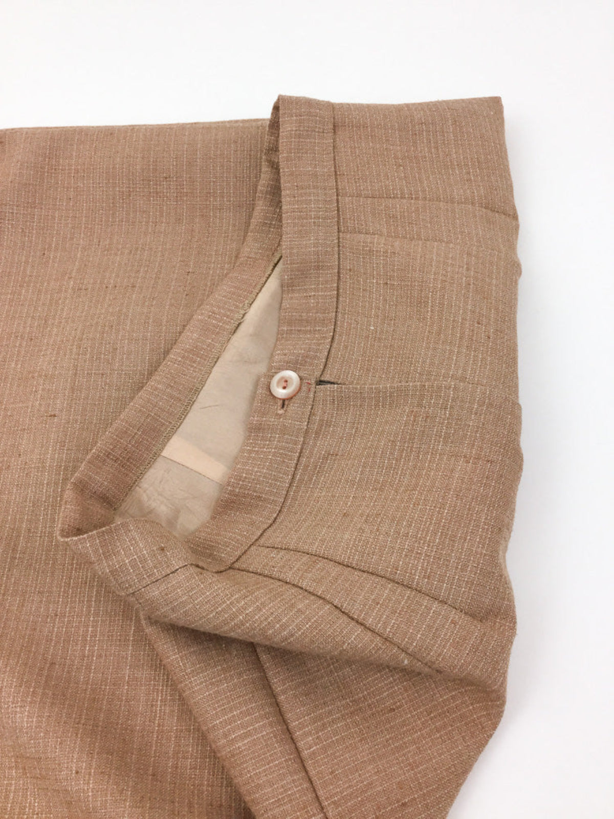 Vintage tailored straight midi pencil skirt in thick linen flax fabric in a neutral camel colour