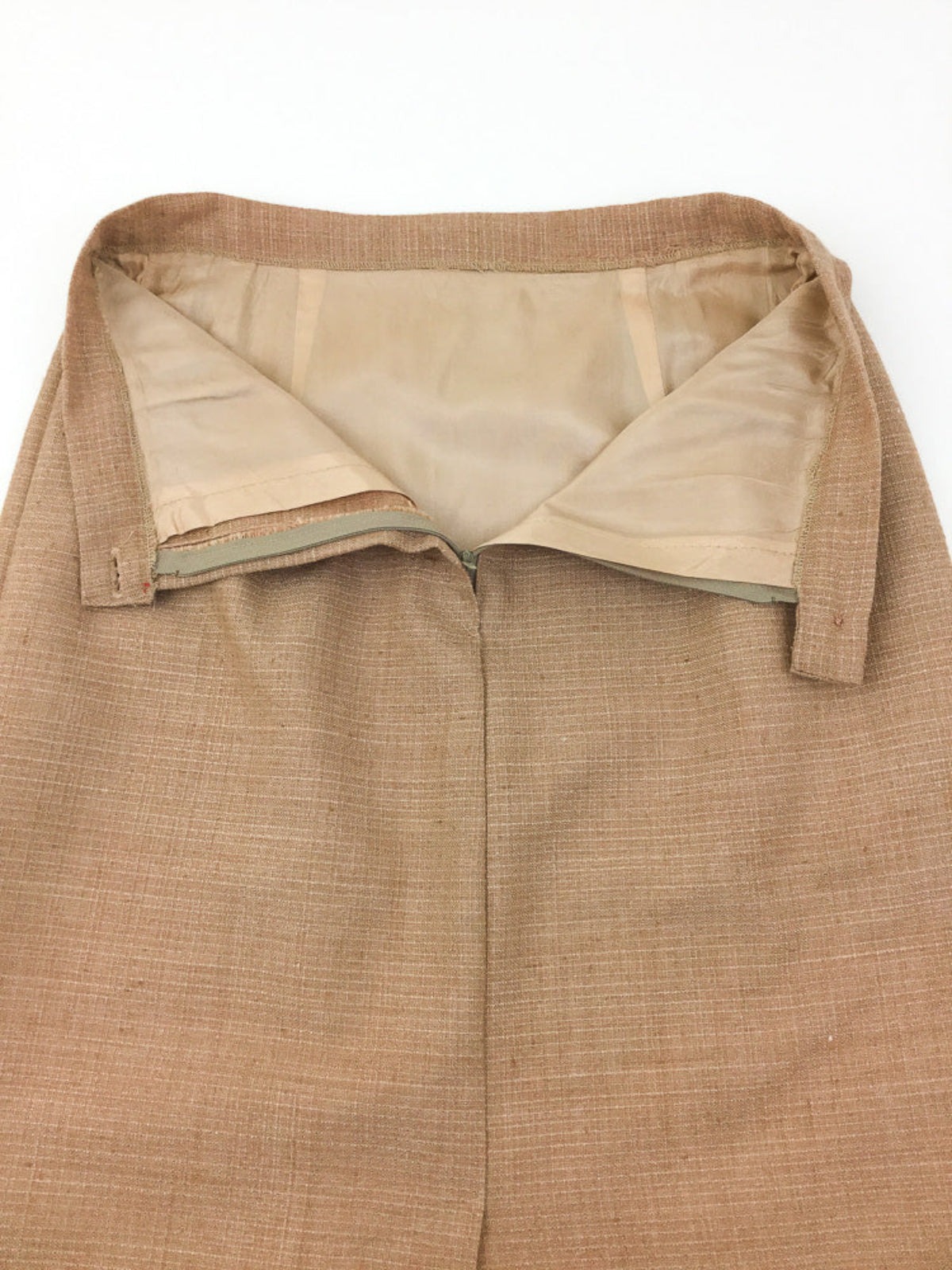Vintage tailored straight midi pencil skirt in thick linen flax fabric in a neutral camel colour