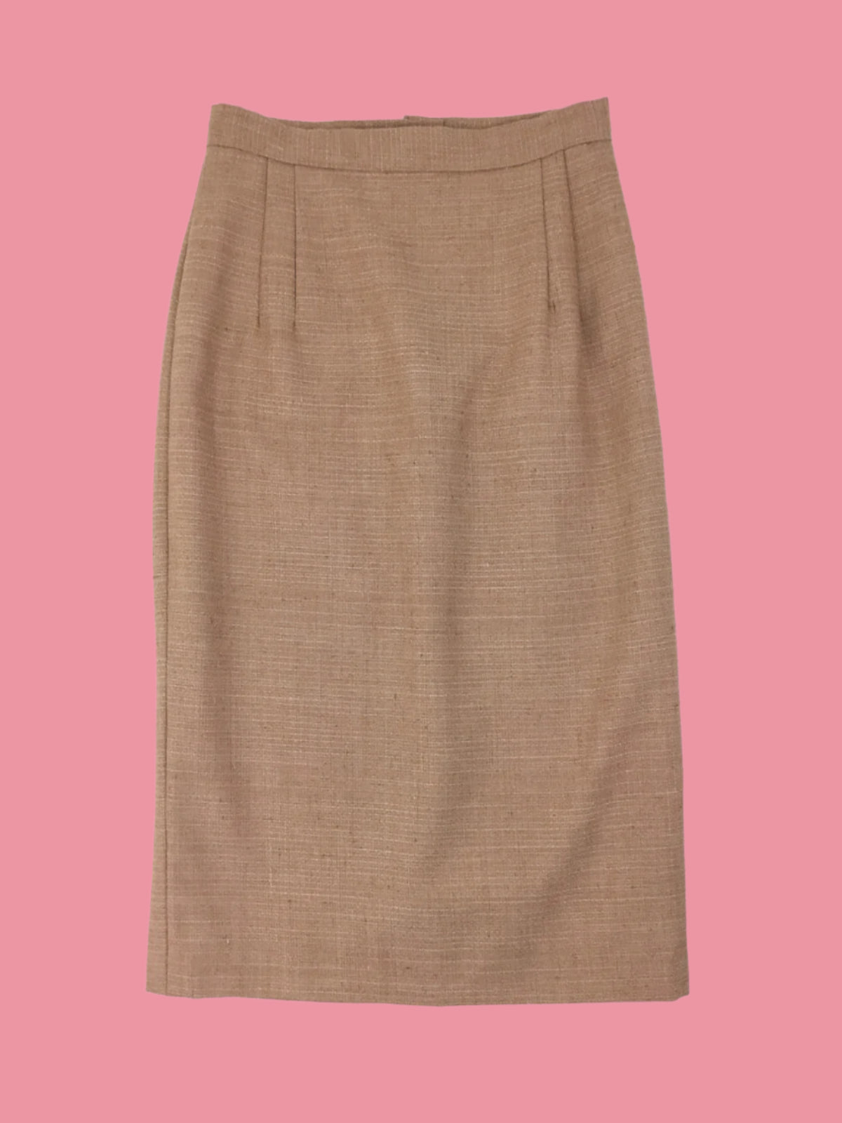 Vintage tailored straight midi pencil skirt in thick linen flax fabric in a neutral camel colour