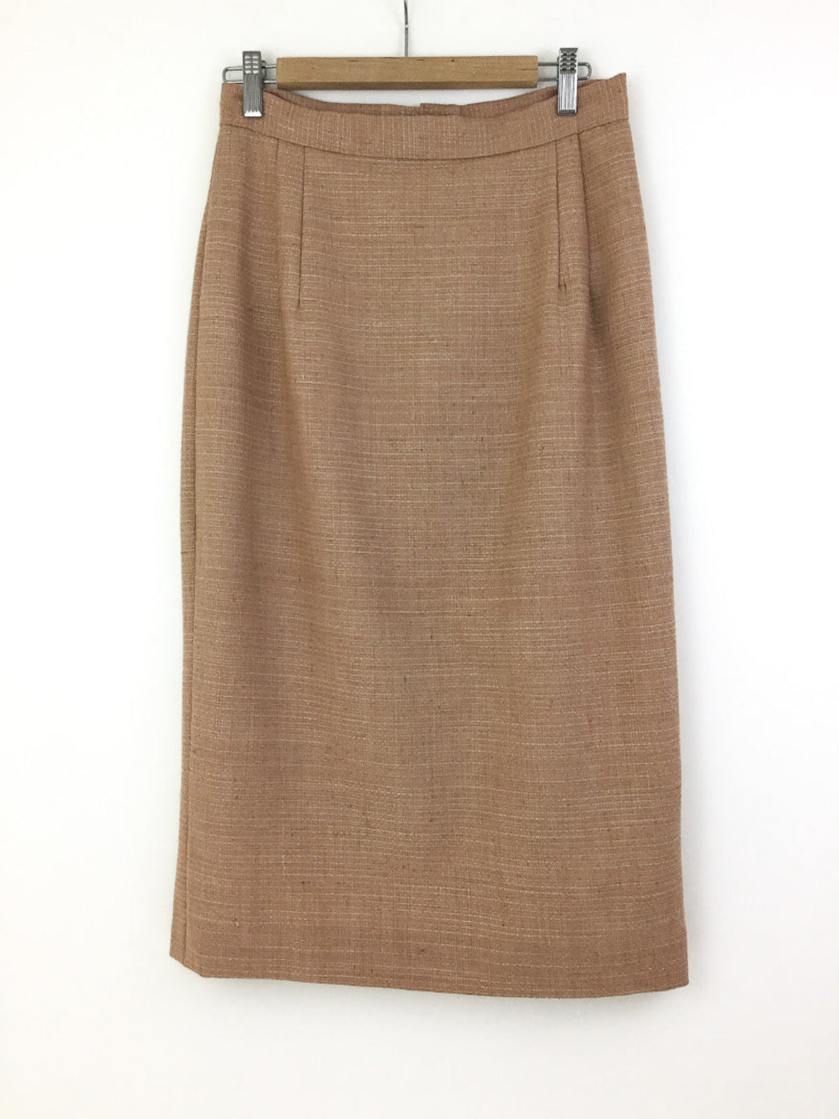 Vintage tailored straight midi pencil skirt in thick linen flax fabric in a neutral camel colour
