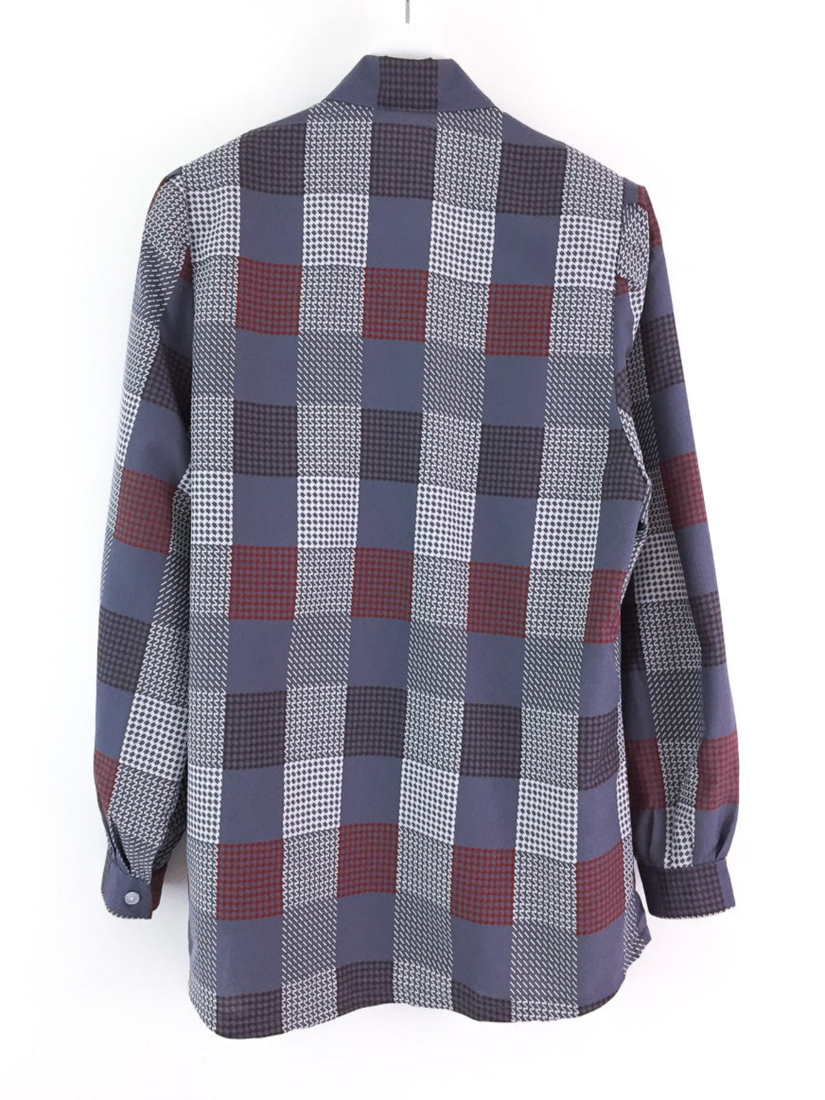 Vintage ladies long sleeve lightweight button down shirt in a check pattern in grey, maroon, brown & white