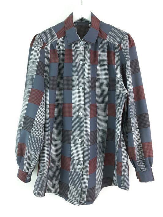 Vintage ladies long sleeve lightweight button down shirt in a check pattern in  grey, maroon, brown & white