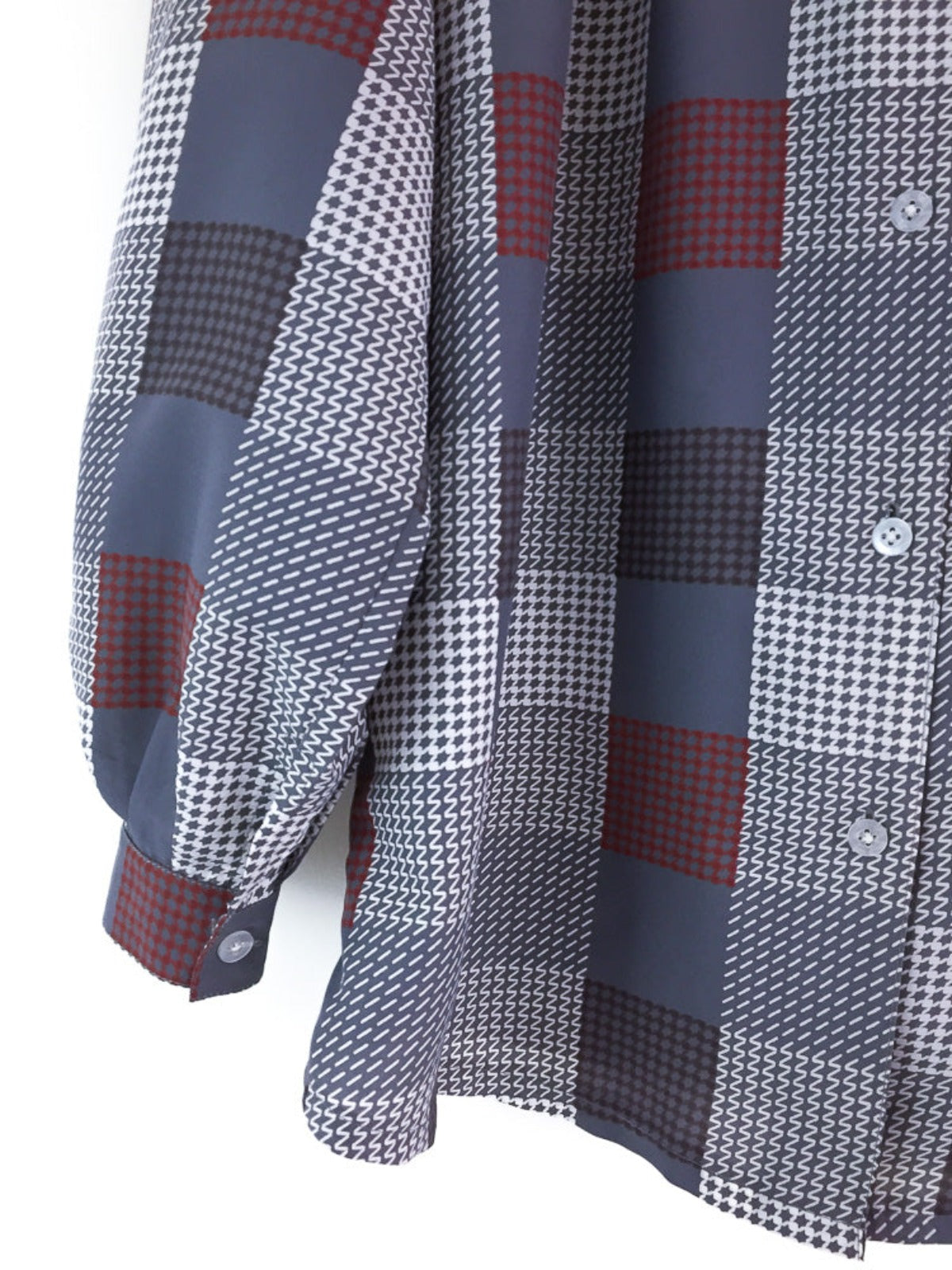 Vintage ladies long sleeve lightweight button down shirt in a check pattern in grey, maroon, brown & white