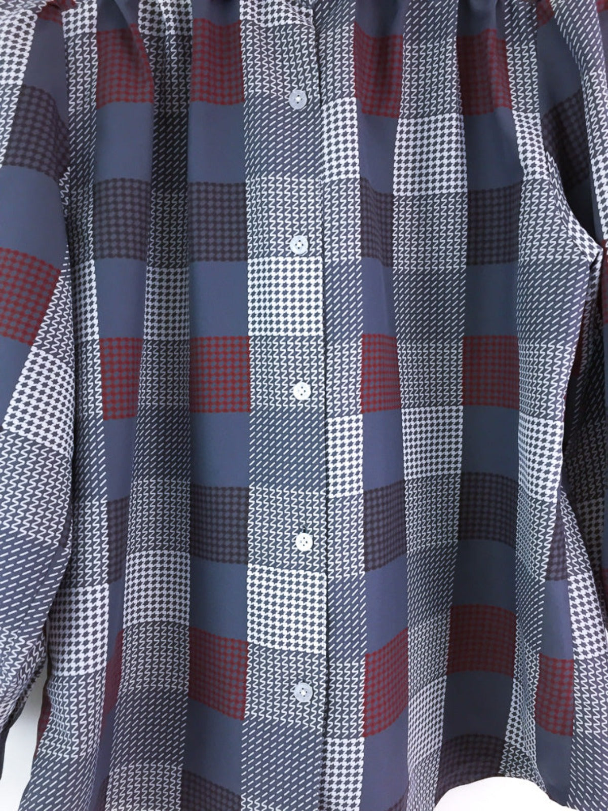 Vintage ladies long sleeve lightweight button down shirt in a check pattern in grey, maroon, brown & white