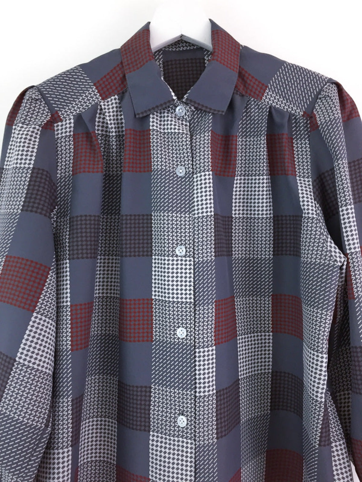 Vintage ladies long sleeve lightweight button down shirt in a check pattern in grey, maroon, brown & white