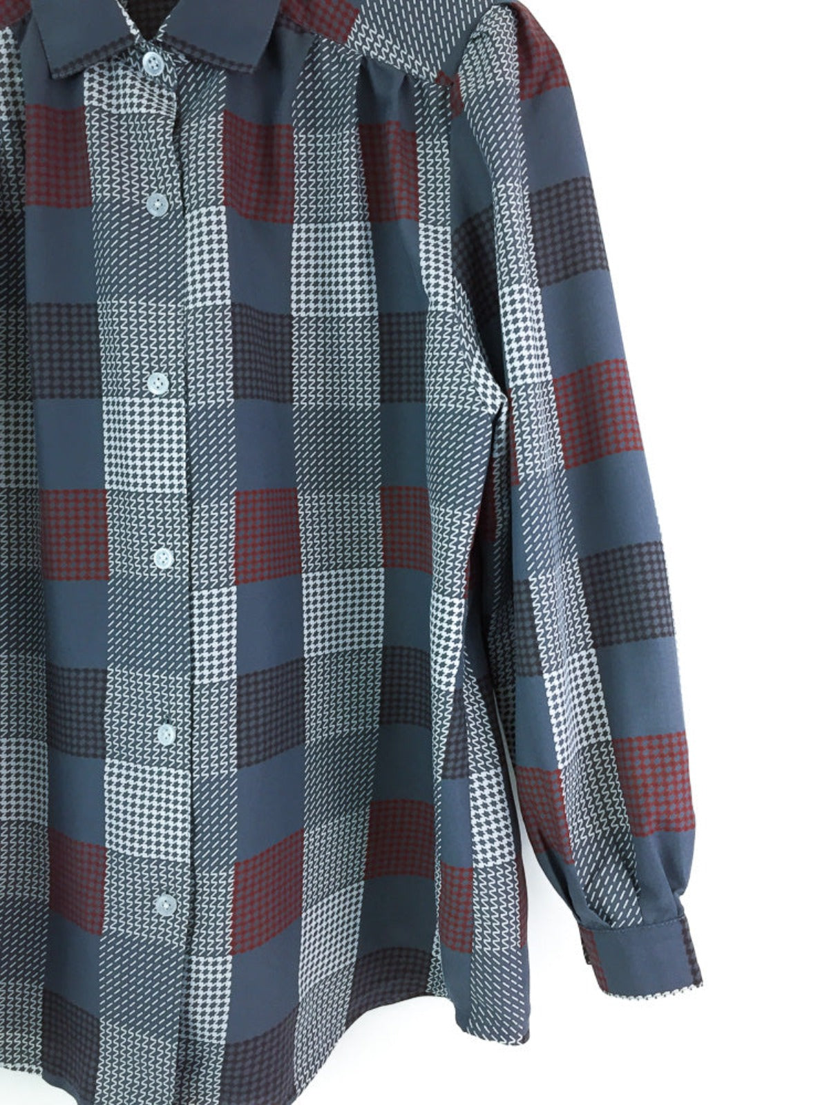 Vintage ladies long sleeve lightweight button down shirt in a check pattern in grey, maroon, brown & white