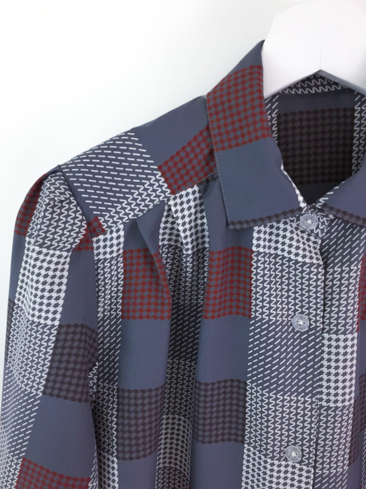 Vintage ladies long sleeve lightweight button down shirt in a check pattern in grey, maroon, brown & white