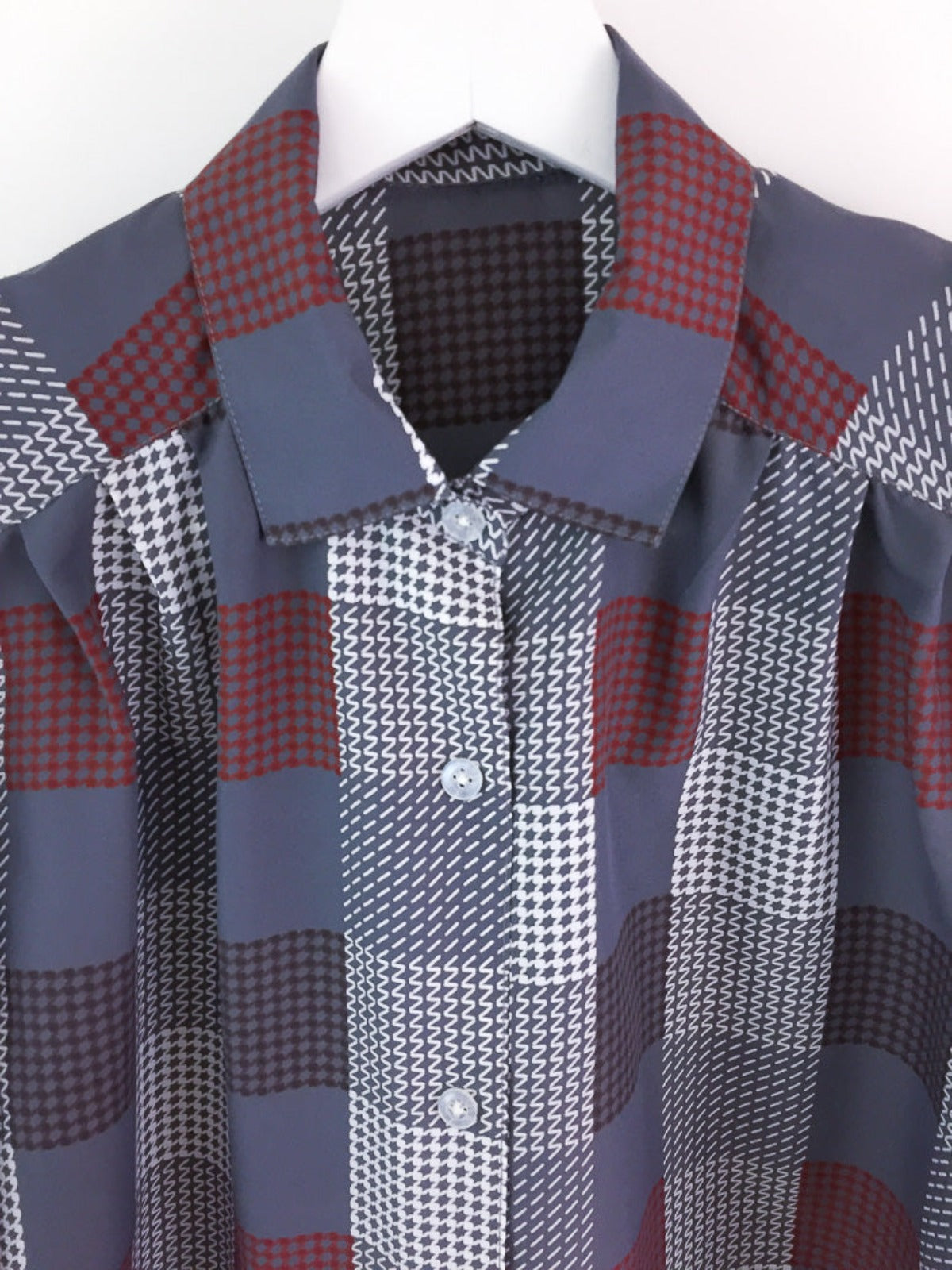 Vintage ladies long sleeve lightweight button down shirt in a check pattern in grey, maroon, brown & white