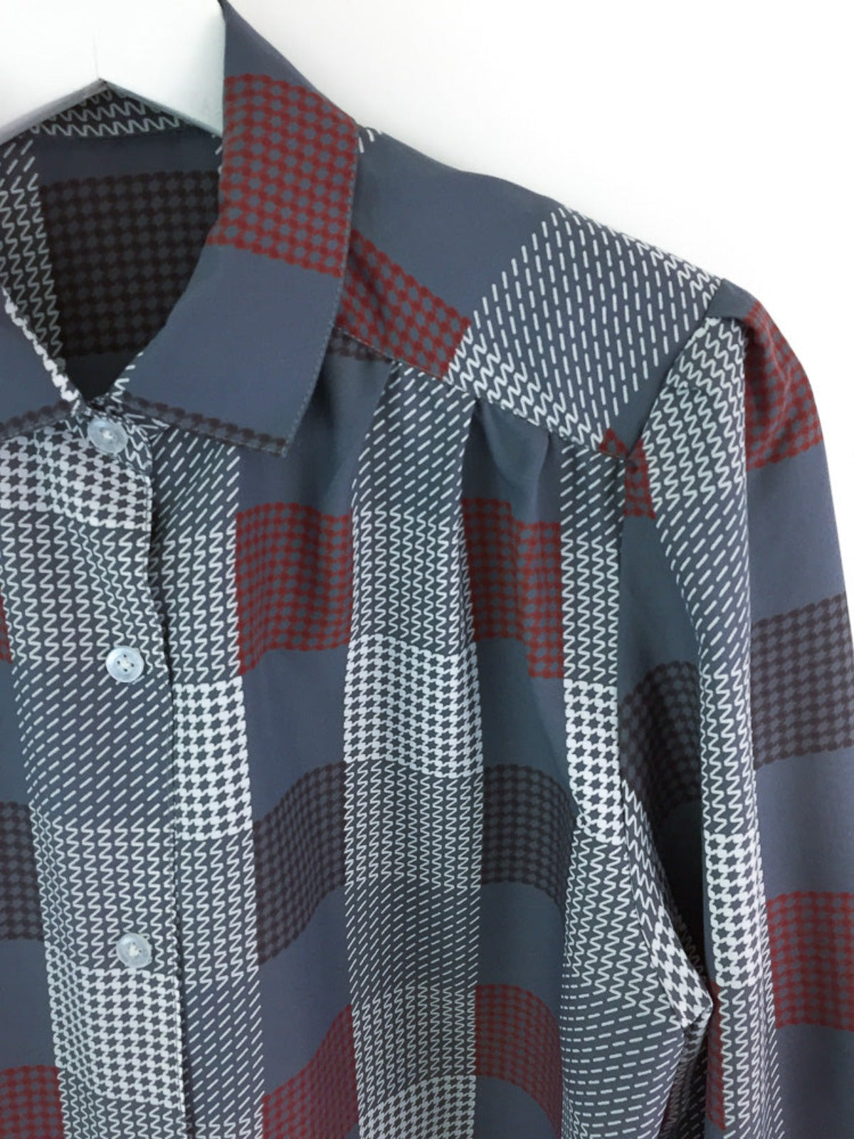 Vintage ladies long sleeve lightweight button down shirt in a check pattern in grey, maroon, brown & white