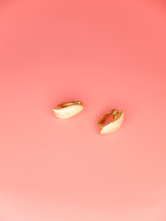 Vintage cream leaf shaped enamel clip on earrings with gold detail