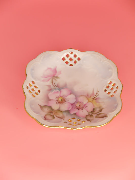 Vintage 90's decorative hand painted floral print trinket dish plate with gold edging and cut out diamond shapes on all four sides