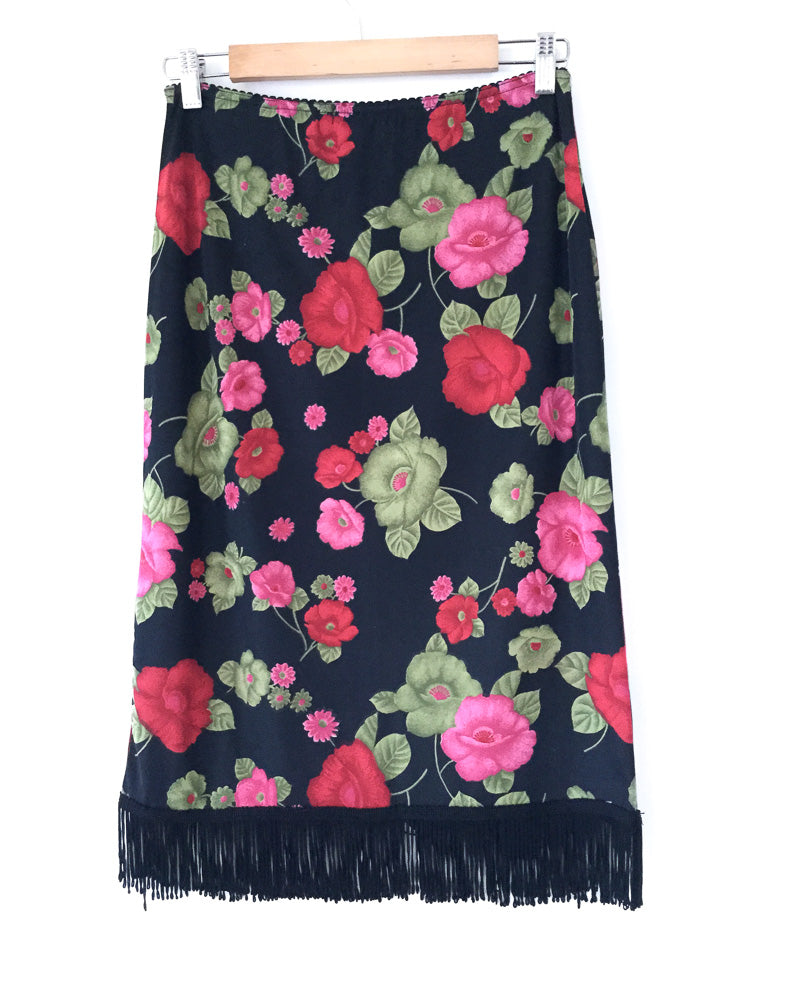 Vintage 90's floral print fringed straight skirt