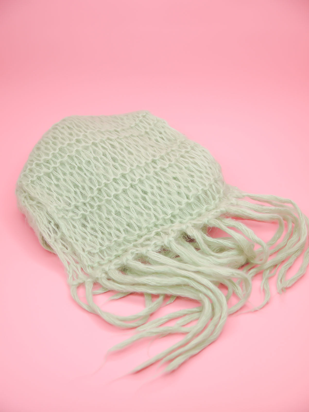 Mint green loop knit fringed wool scarf