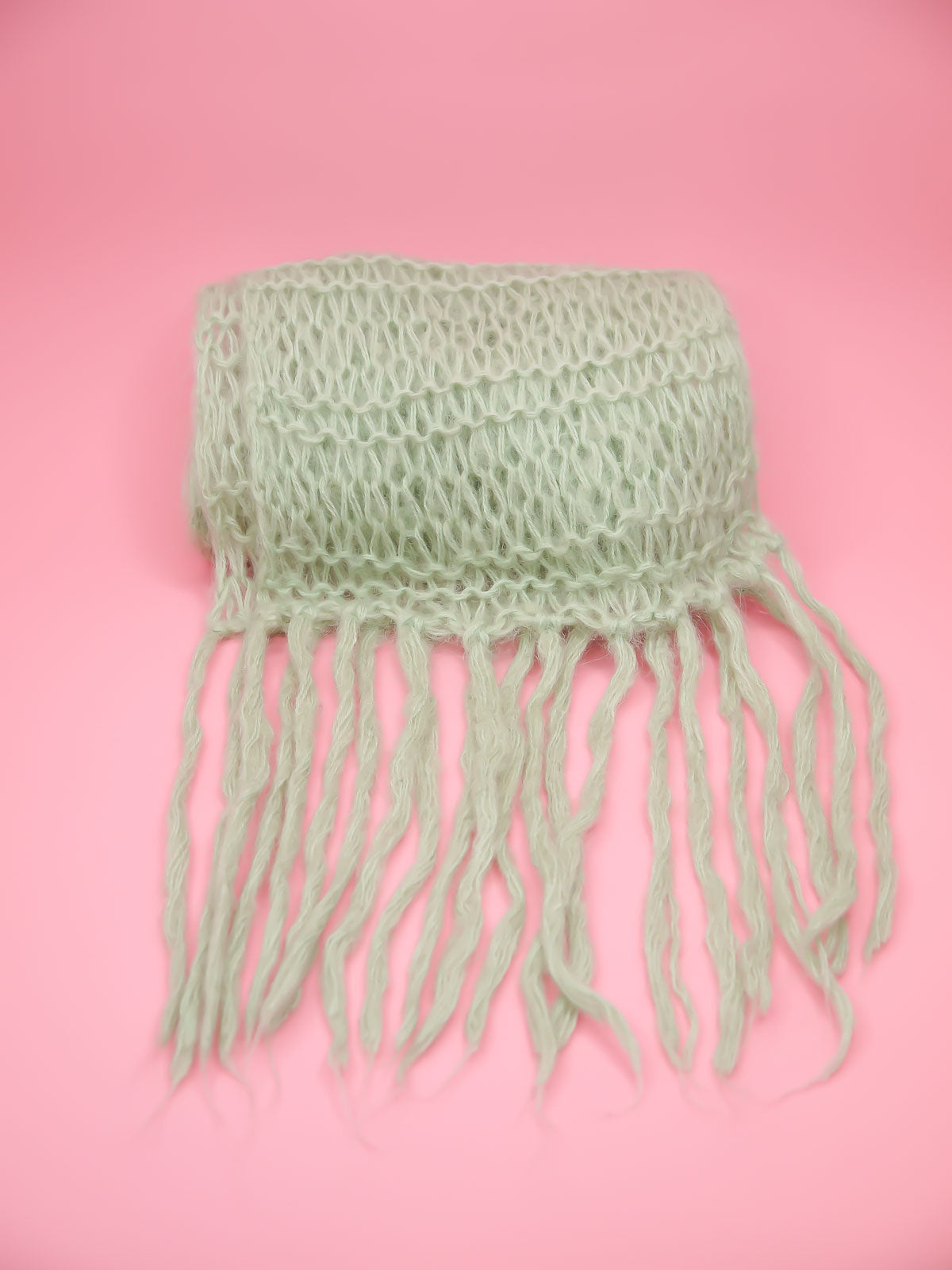 Mint green loop knit fringed wool scarf