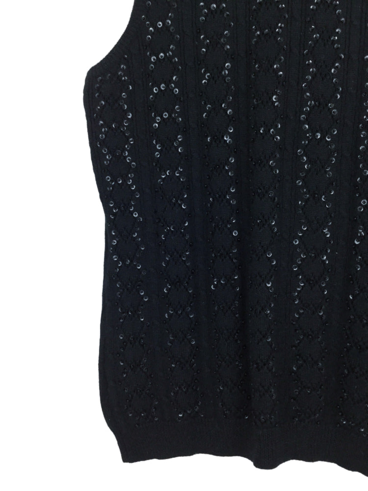 Black sleeveless top with sequin detailing on a white background