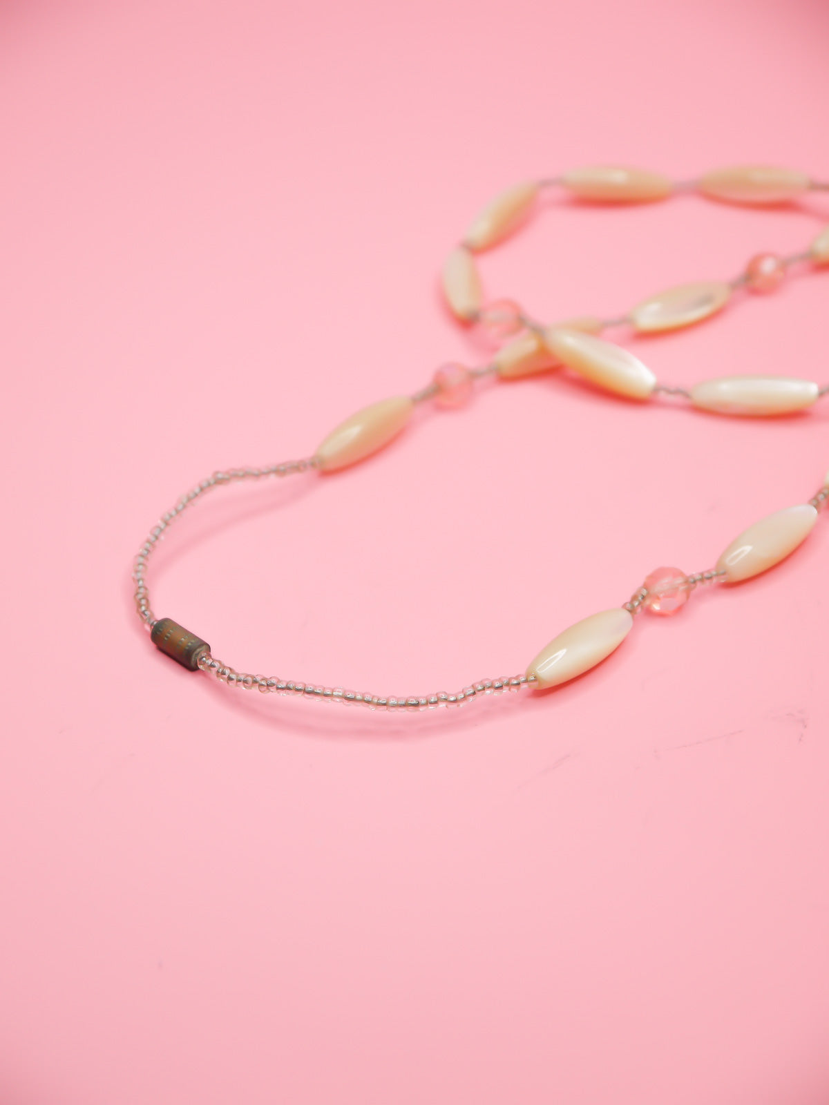 Vintage Mother of Pearl beaded long necklace with tube faceted pearl beads and pink crystal faceted beads with clear seed beads and a metal clasp