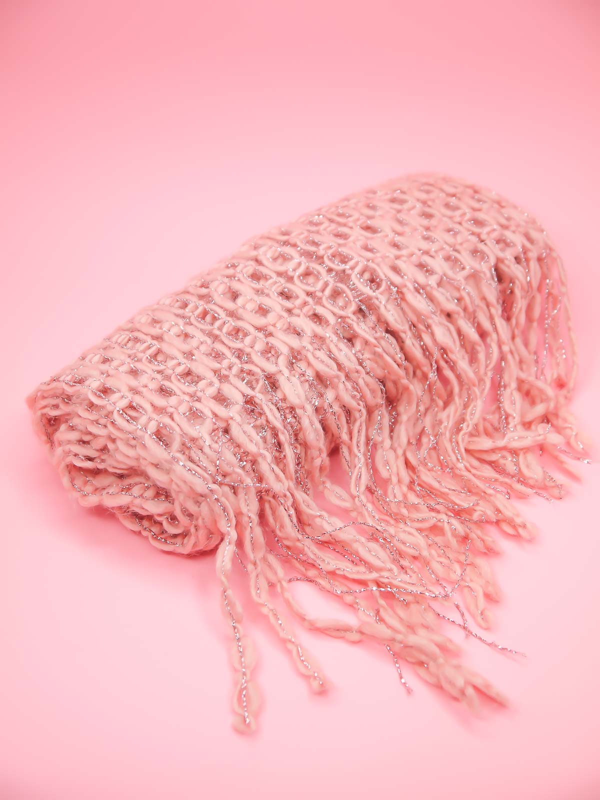 Pink metallic loop fringe knit scarf