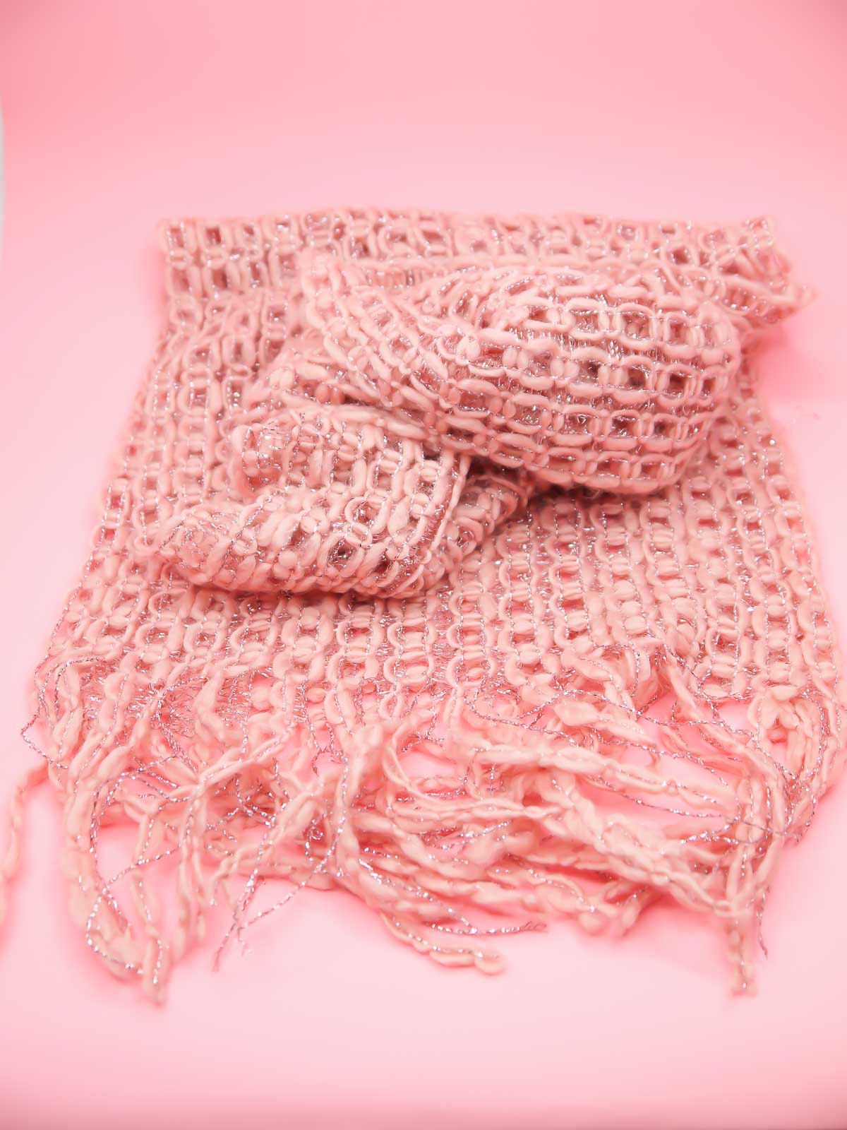 Pink metallic loop fringe knit scarf