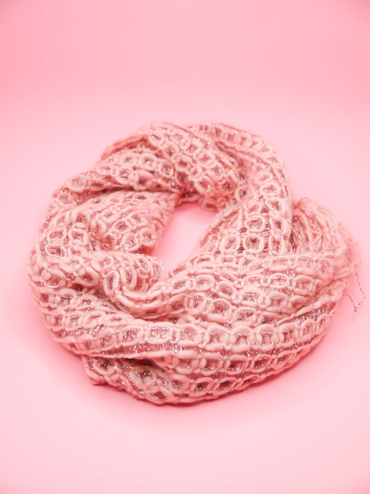 Pink metallic loop fringe knit scarf