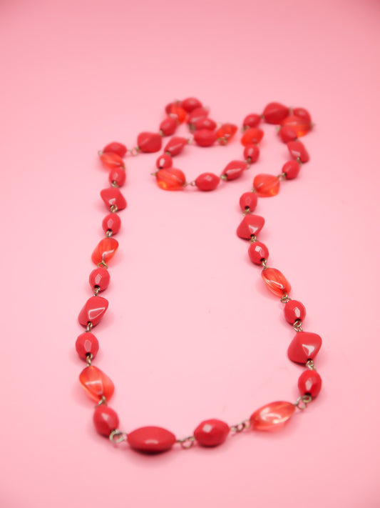 Red faceted bead chain link long necklace