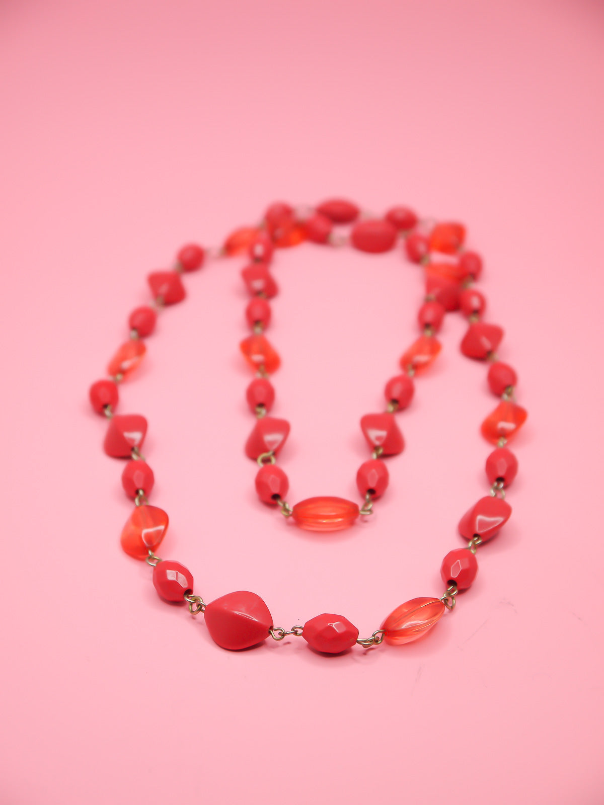 Red faceted bead chain link long necklace