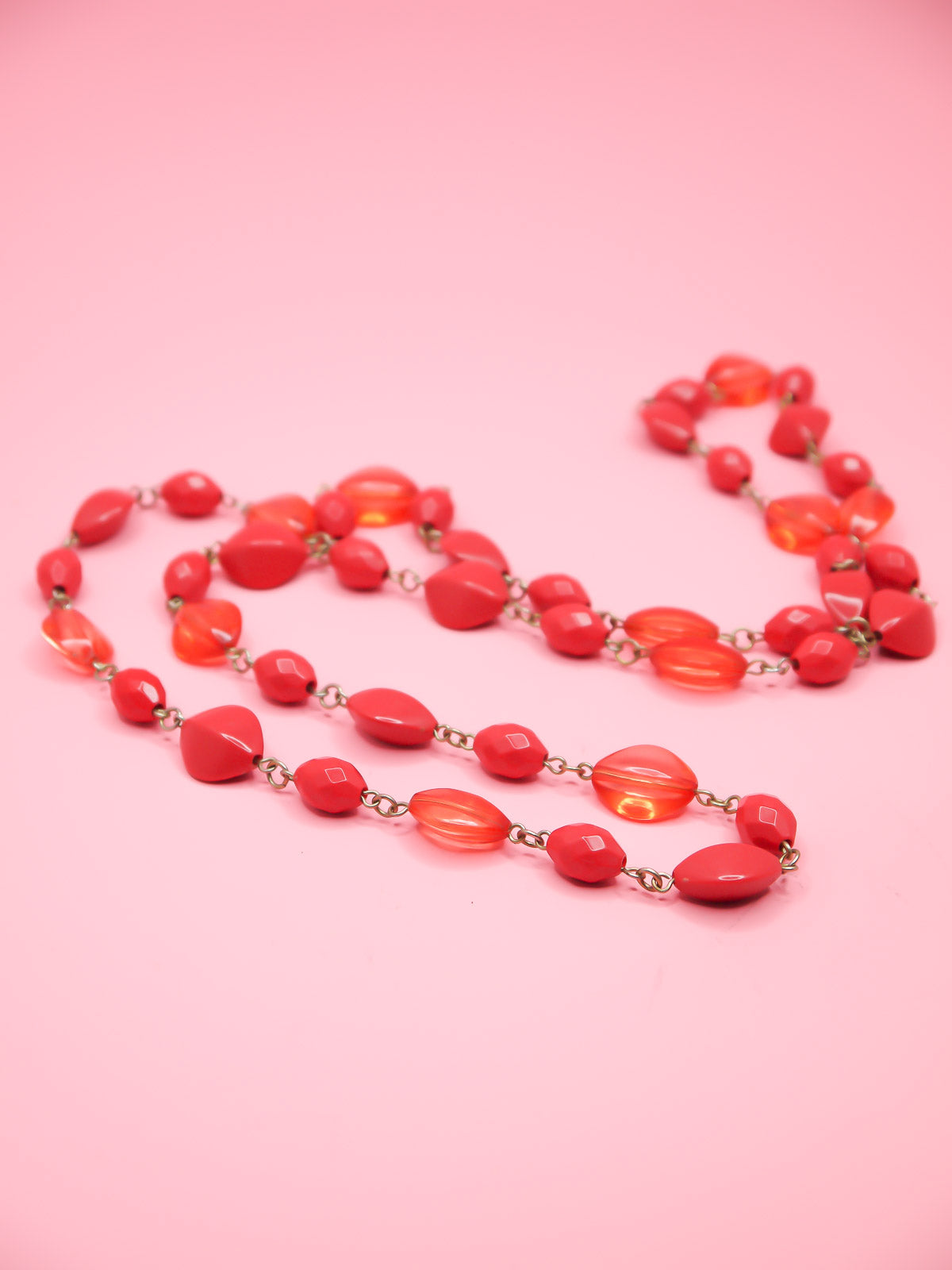 Red faceted bead chain link long necklace