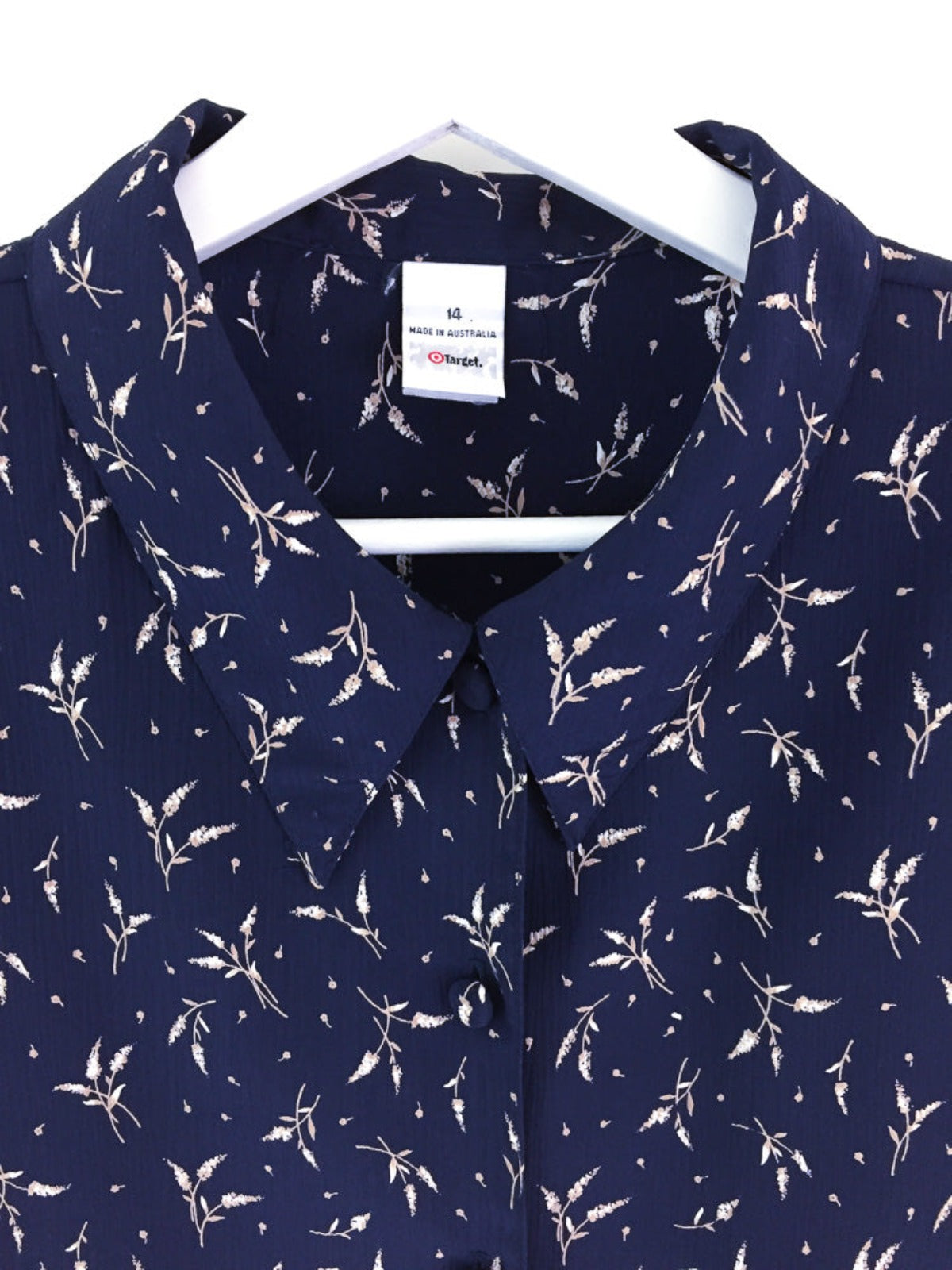 Vintage 90's lightweight ladies navy print short sleeve button down shirt with wheat sprigs printed throughout