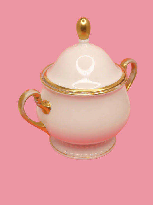 Vintage 40's Porcelain Sugar Bowl, PMR Bavaria Jaeger + Co, Ornate White & Gold Trim with lid and two side handles