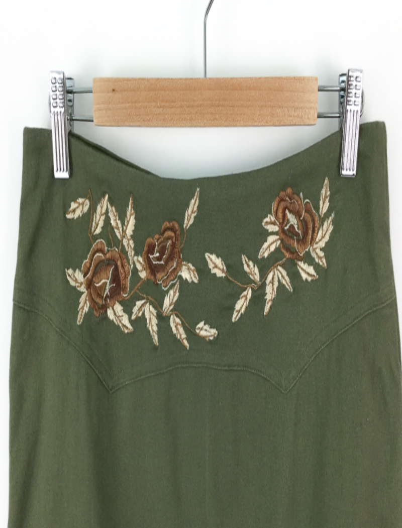 A-line embroidered panel khaki skirt