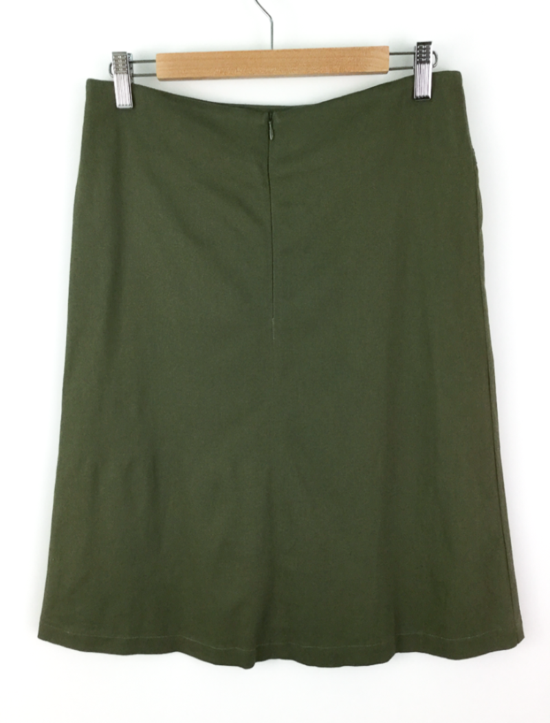 A-line embroidered panel khaki skirt