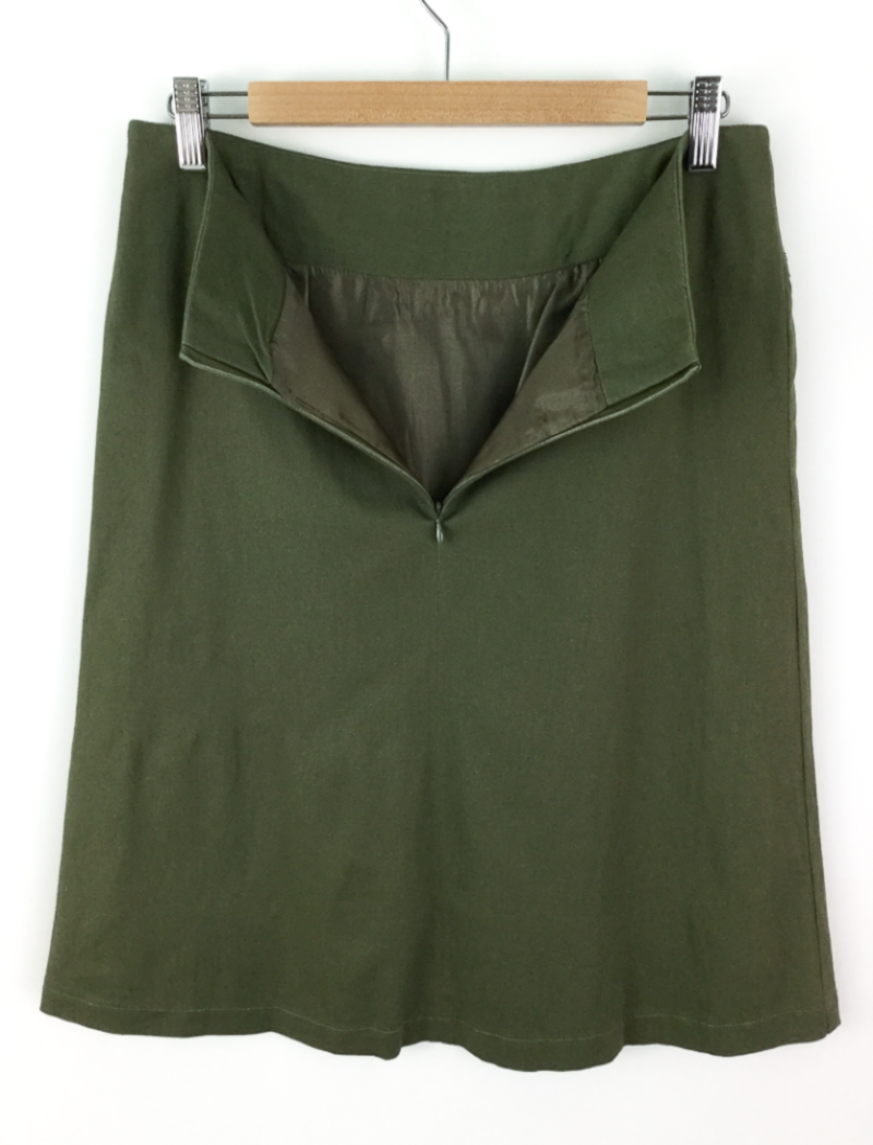 A-line embroidered panel khaki skirt