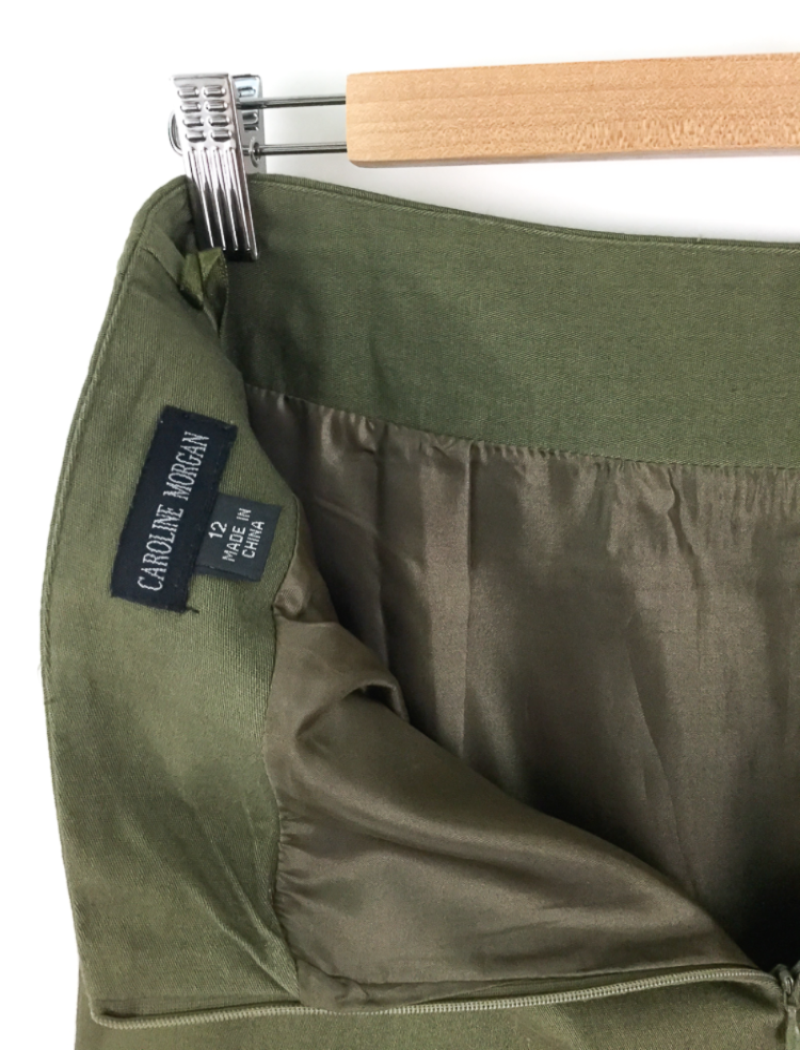 A-line embroidered panel khaki skirt