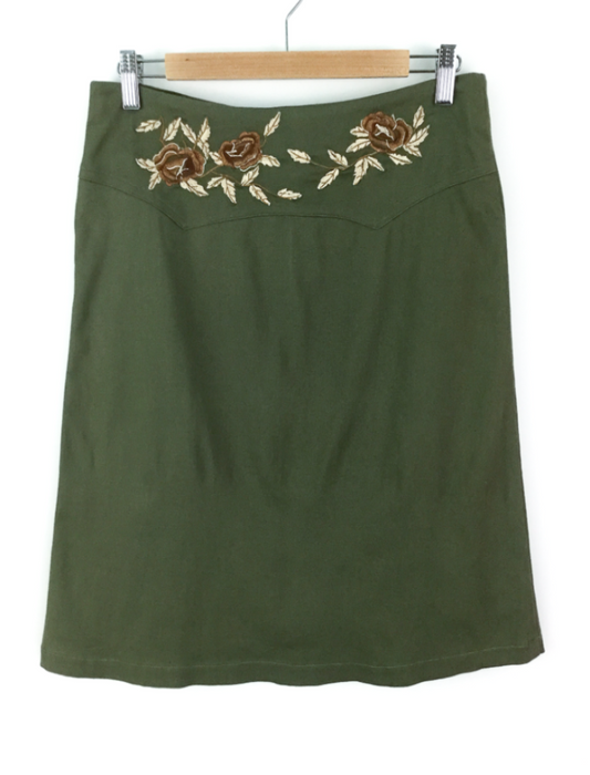 A-line embroidered panel khaki skirt