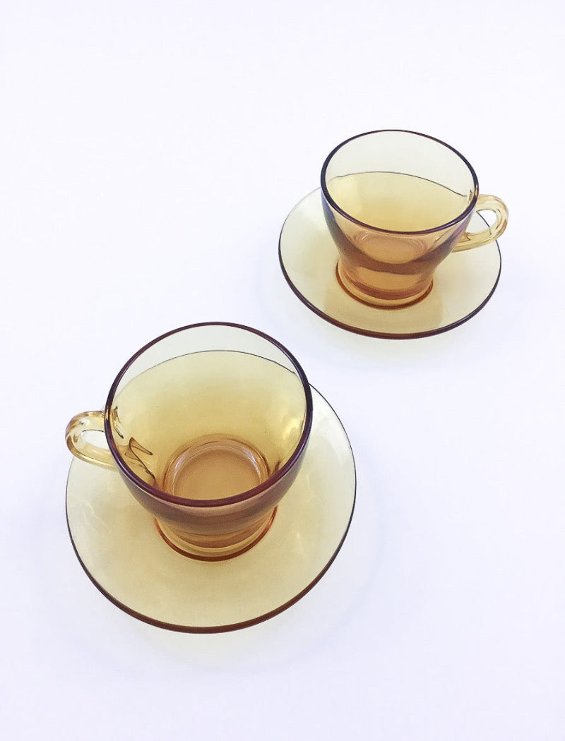 Vintage amber glass cup and saucer set for tea or coffee