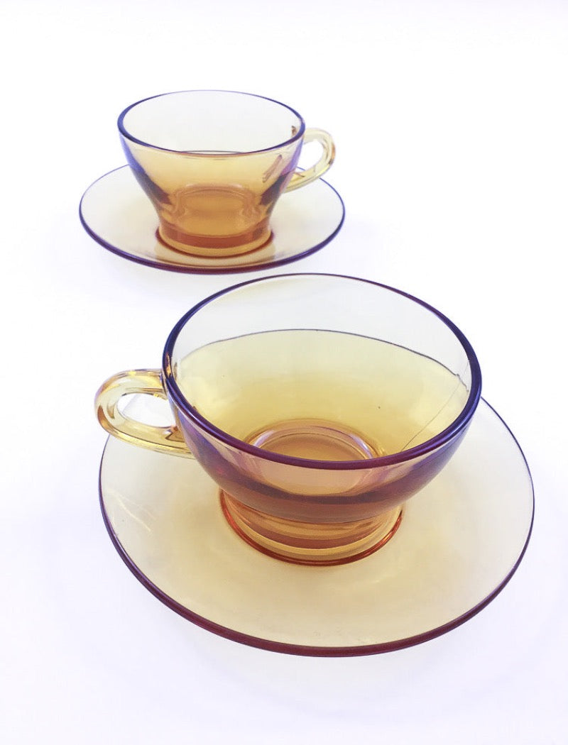 Vintage amber glass cup and saucer set for tea or coffee