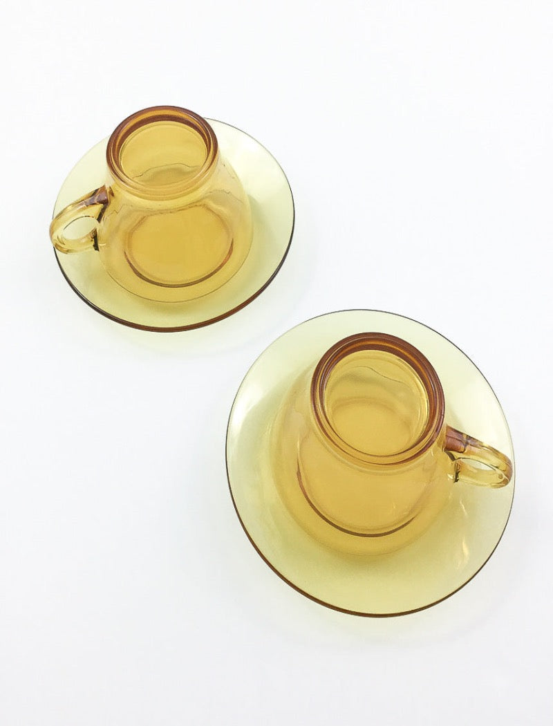 Vintage amber glass cup and saucer set for tea or coffee