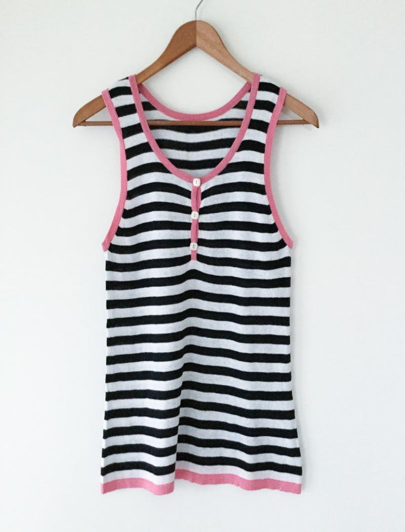 Black & white striped knit sleeveless tank top