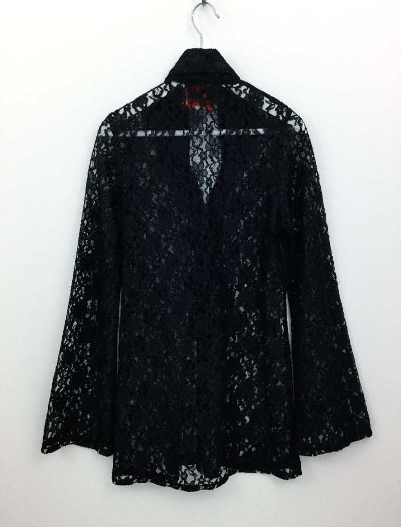 Vintage 90's black lace shirt with bell sleeves , v-neck collar and buttons down the front