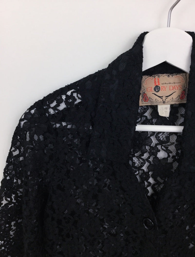 Vintage 90's black lace shirt with bell sleeves , v-neck collar and buttons down the front