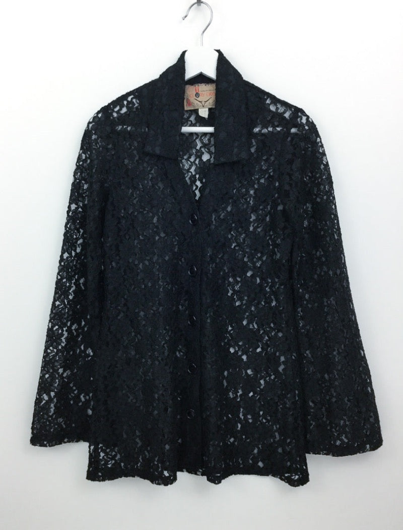 Vintage 90's black lace shirt with bell sleeves , v-neck collar and buttons down the front