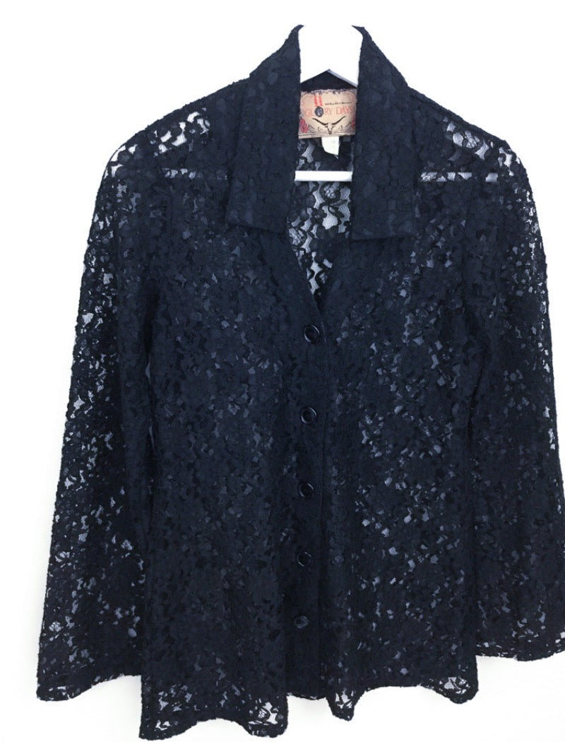 Vintage 90's black lace shirt with bell sleeves , v-neck collar and buttons down the front