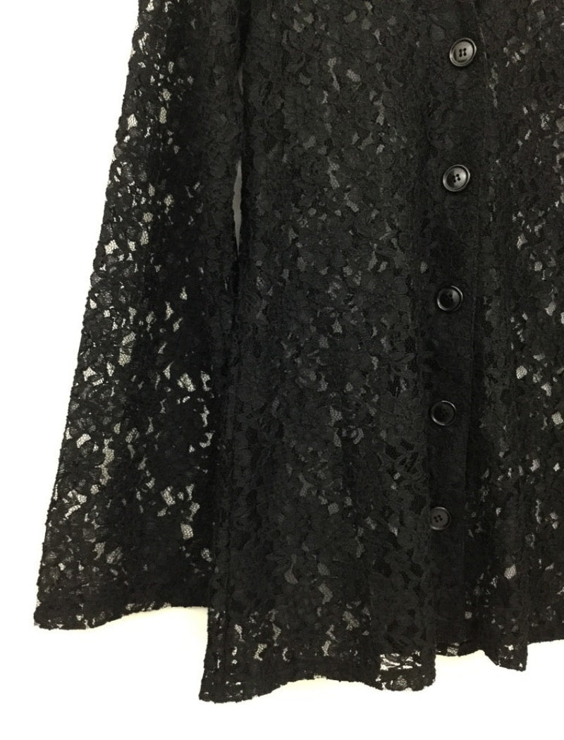 Vintage 90's black lace shirt with bell sleeves , v-neck collar and buttons down the front