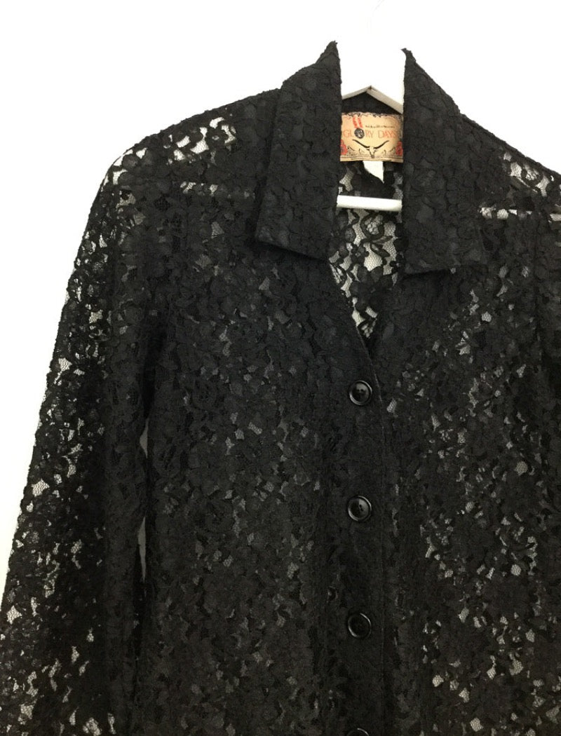 Vintage 90's black lace shirt with bell sleeves , v-neck collar and buttons down the front