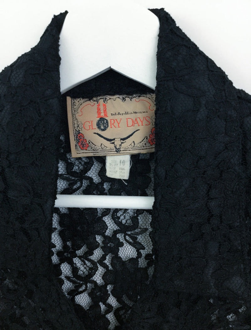 Vintage 90's black lace shirt with bell sleeves , v-neck collar and buttons down the front